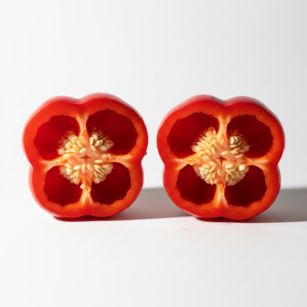 A close-up of a vibrant red bell pepper sliced cleanly in half, its glossy surface beaded with moisture and interior seeds glistening under sharp, studio side-lighting. The pepper is set directly on a pure white, seamless background that fades into emptiness, creating high contrast and isolating the subject. The light casts defined shadows beneath and behind the pepper halves, carving out their three-dimensionality. The overall composition uses a tight framing and a shallow depth of field for a bold, almost confrontational focus on the beauty of plant-based foods. This photographic minimalist style magnifies the message of delicious alternative choices for animal advocacy, designed to visually pop for sharing.