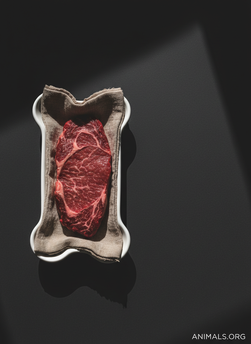 A dramatic close-up of a textured, crimson raw steak superimposed on a raw linen napkin, positioned atop a stark white bone-shaped ceramic tray. The tray sits isolated on a matte slate-gray surface, with a wide expanse of negative space around it. A single harsh spotlight streams in diagonally from above, creating razor-sharp, intentionally harsh shadows that contour the meat and emphasize its organic texture. The composition is tightly cropped and off-center, maximizing tension and drawing the eye to the visceral reality of meat consumption. The overall photographic, minimalist style supports the site’s bold voice and animal rights purpose with a confrontational edge.