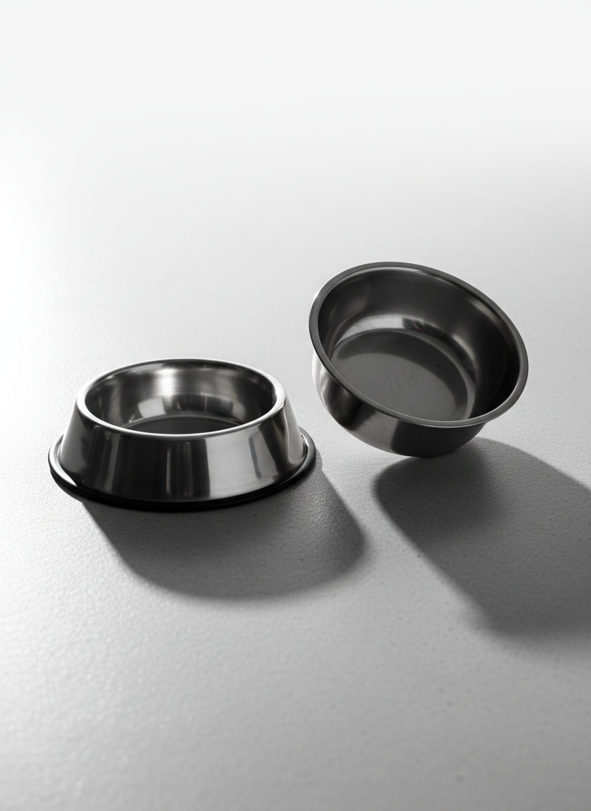 A strong, close-up image of a pair of empty, stainless steel animal feed bowls, immaculately polished so they reflect stark highlights, placed on a pristine pale gray surface. One bowl is slightly tipped, as if recently set down with urgency. The background is completely devoid of details, enhancing the minimalist feeling. A powerful, single-source overhead light creates sharp, directional shadows that define the bowls’ contours with extreme clarity. The mood is sober and striking, cultivating a sense of absence and compelling viewers to question the ethics of what’s usually placed in these bowls. Photographic realism with a clean, modern composition maximizes visual power in support of animals’ rights.