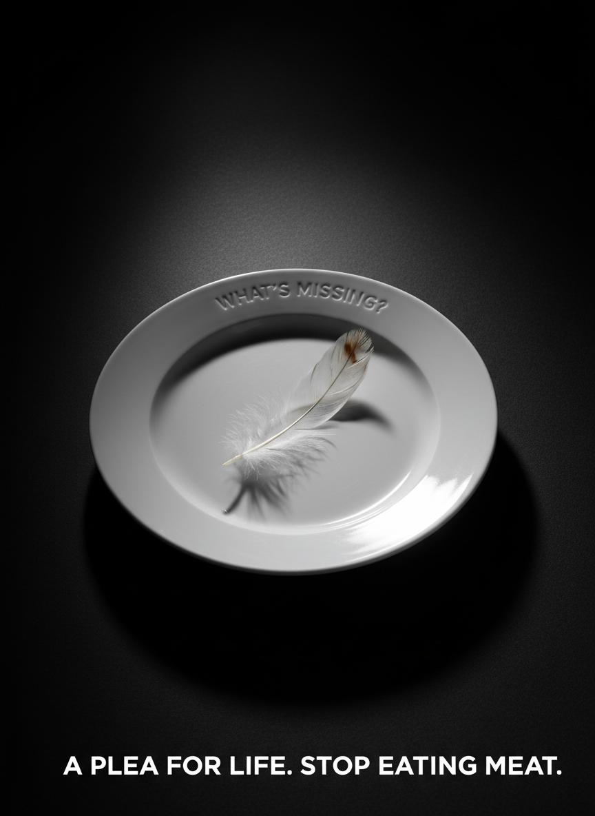 A lone, glossy porcelain dinner plate sits at the center of a seamless matte black table, empty except for a single feather from a chicken, stark white with subtle brown edges and rich texture. The setting is minimalist and devoid of clutter, drawing attention completely to the plate and feather. Hard, directional lighting from stage right casts crisp, deep-edged shadows across the table, emphasizing the plate’s curve and the feather’s delicate barbs. The mood is intensely bold and confrontational, urging reflection on what’s missing. Shot from a high, slightly tilted angle in photographic realism, the image’s sharp focus and uncluttered background evoke a sense of urgency, underscoring the advocacy for animals and a plea to stop eating meat.