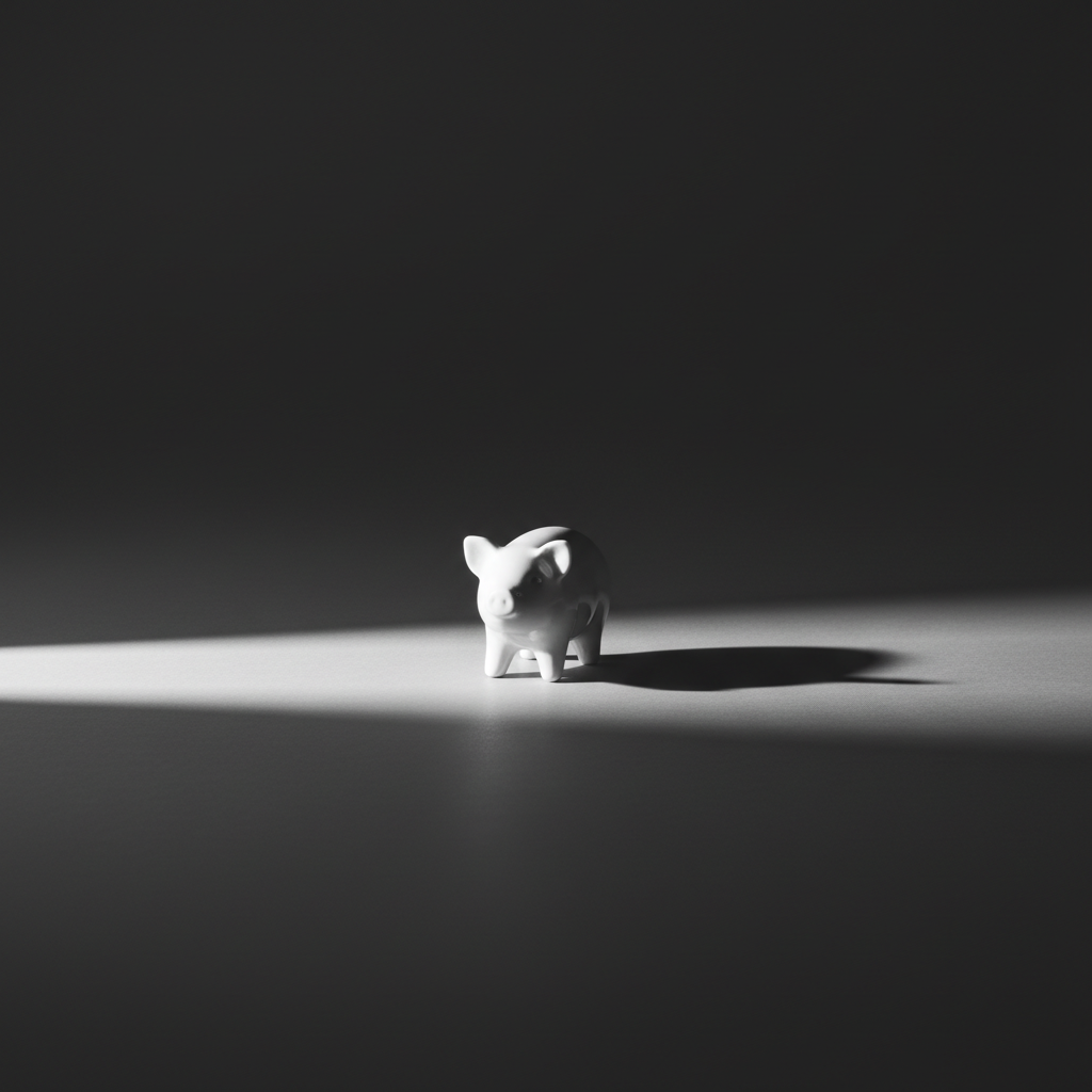 A small, pure white ceramic figurine of a pig, flawlessly smooth and slightly reflective, stands alone on the center of an unbroken graphite-gray studio floor that provides a quiet, almost void-like backdrop. A narrow beam of intense, cold-white light streams across from the left, sharply illuminating one side of the pig and casting a long, stark shadow behind and to the right. The composition is minimalist with extreme negative space, accentuating the vulnerability of the pig. Captured from a low, slightly front-facing angle, with razor-sharp focus, the image squares the viewer’s attention on animal innocence. This bold, photographic image reinforces the advocacy call to stop meat consumption without needing graphic depictions.